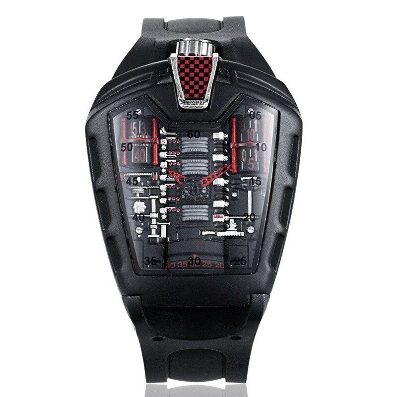 Sport Auto Konzept Racing Mechanische Stil Sechs Zylinder Motor Fach Kreative Uhr männer Uhr: Black shell and red