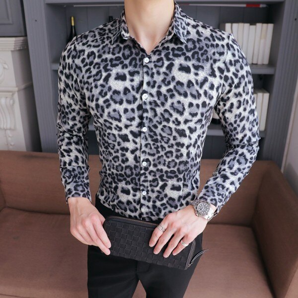 WSGYJ Brand Men's Shirt Brand Slim Fit Casual Leopard Print Social Shirts Dress Long Sleeve Plus Size Night Club Prom Tuxedo 5XL: White Men Shirt / Chinese Size XXXL