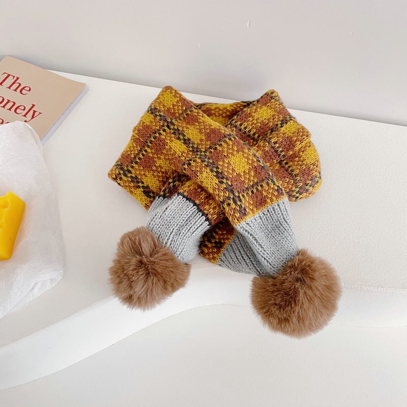 Mode Stiksels Plaid Kinderen Pompom Cross Sjaal Herfst En Winter Jongens En Meisjes Baby Warm Gebreide Sjaals: huangkaqianhui