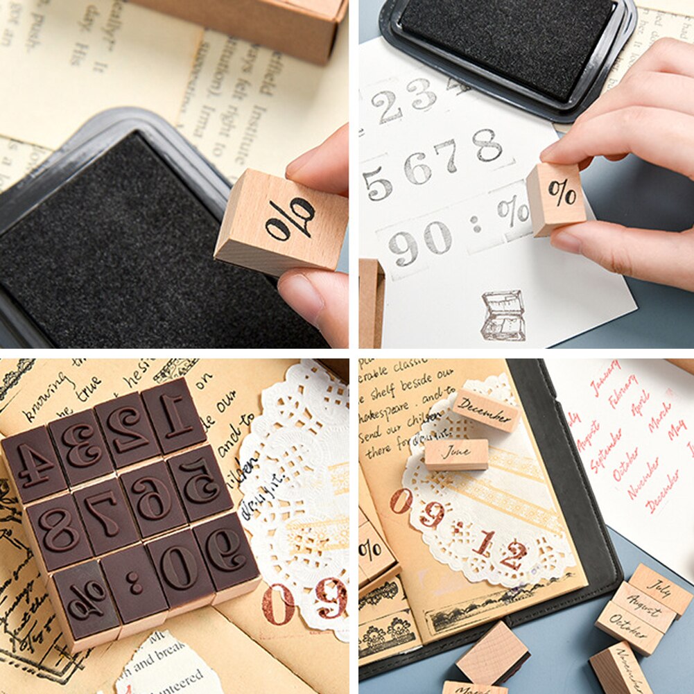 Wooden Retro Vintage Month Week Number Planner Stamp Basic Function Series Digital Symbol Stamp DIY Seal Stationery Supplies