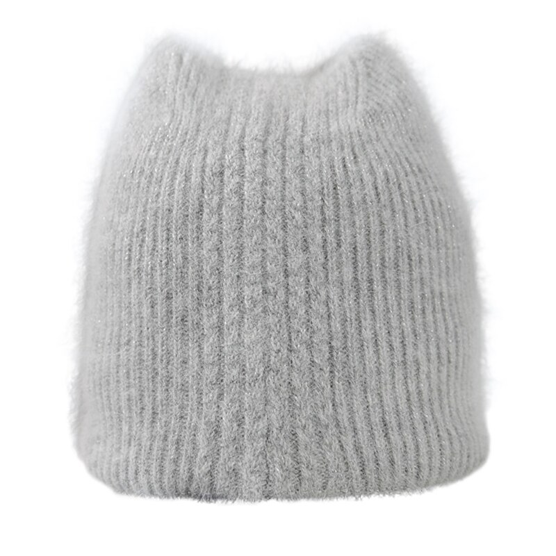 Gorro de lana de imitación con orejas de gatito para mujer, gorro de lana de imitación con orejas de gato, cálido, Color sólido: Gris