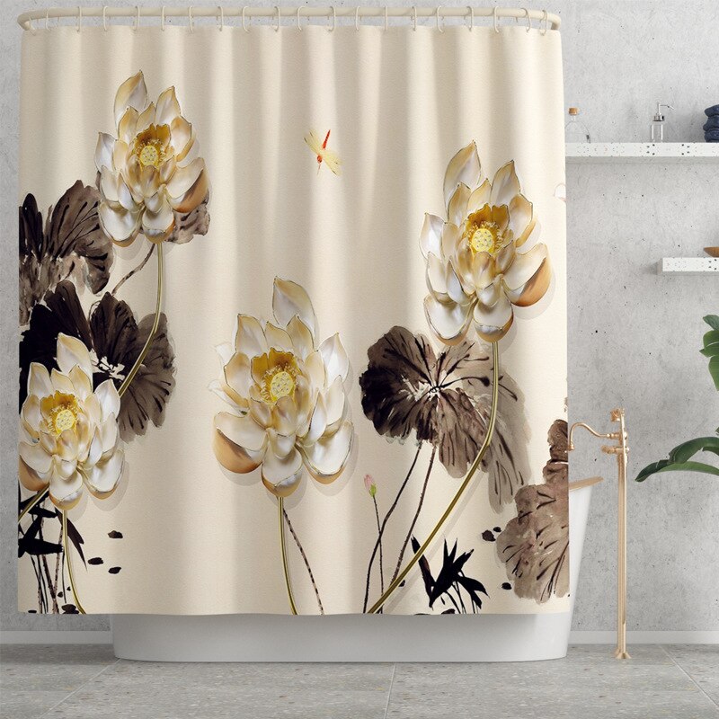 Tapete do banheiro tapete de banho floral com cortina de chuveiro conjunto flanela toalete capa de assento tapete de banho de absorção de água tapetes do banheiro: Shower curtain-698