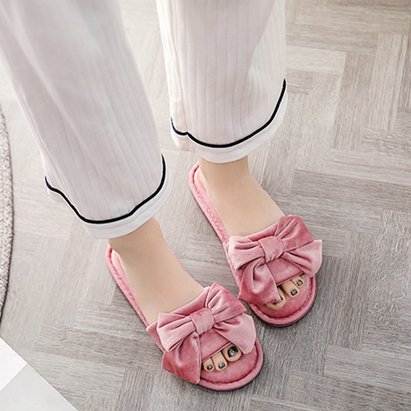 Pantufas femininas soladas e antiderrapantes, sapatos de mulher com laço e sola macia, para quarto e primavera chinelos