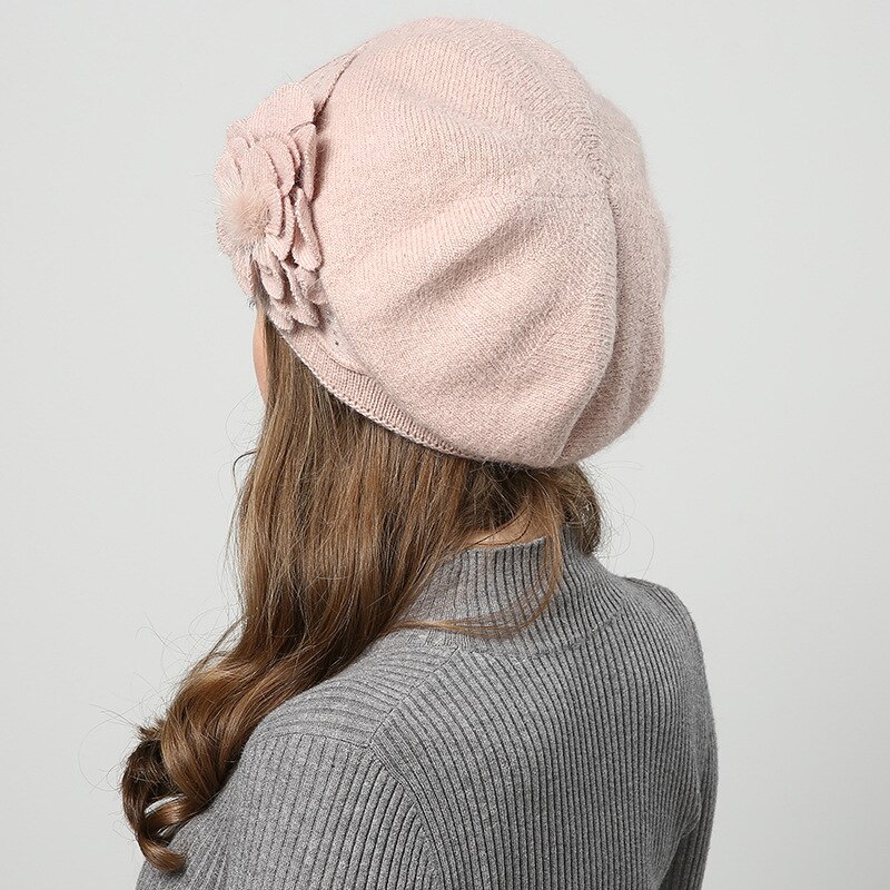 Brand Female Beret Wool Knitting Cap Hat Autumn Winter Floral Women Berets