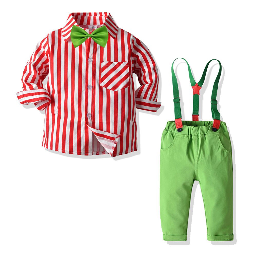 Lzh barnkläder jul långärmad röd stripp skjorta+gröna byxor set bebis pojkar kläder kostym höst barn kostym: 3t