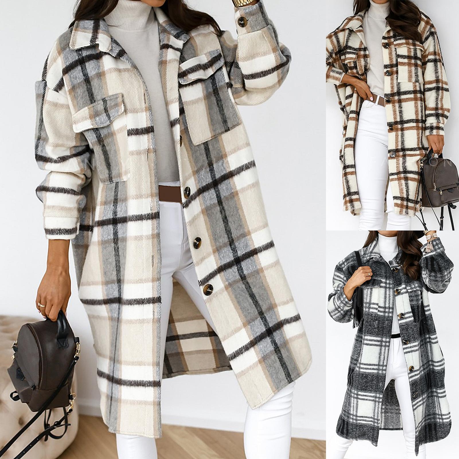 Abrigos de botones a cuadros para mujer, chaqueta con solapas de manga larga hasta la rodilla, ropa de otoño e invierno