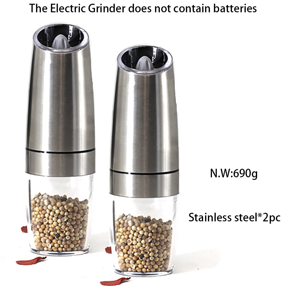 2Pcs Zwaartekracht Elektrische Zout En Peper Molen Automatische Pepermolen Led Licht Spice Kruid Batterij Keuken Gadgets Zwart En slive: 2pcs Sliver