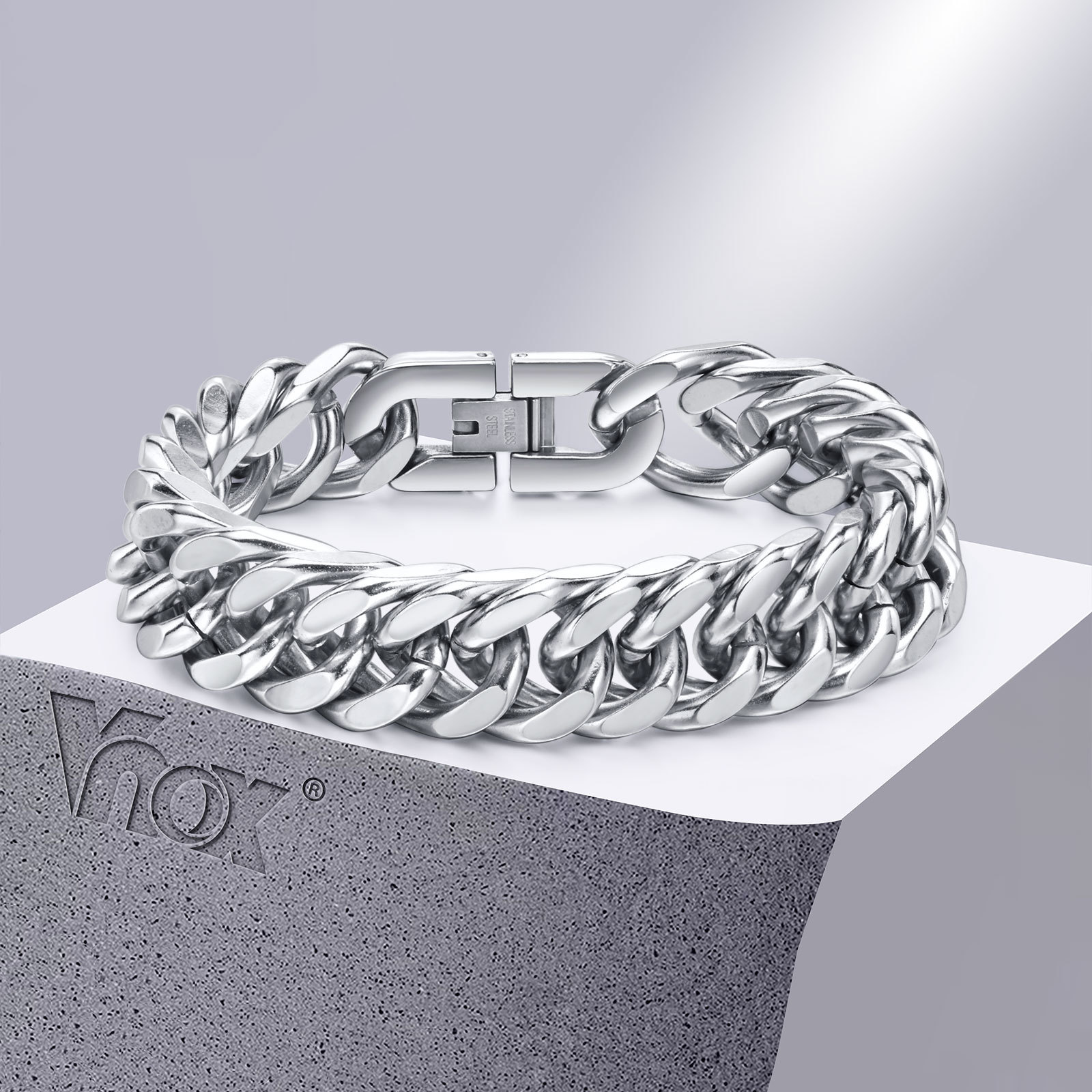 Vnox 12/15MM de largeur en acier inoxydable chaîne cubaine Bracelets pour hommes, couleur argent Hip Hop mâle garçon bracelet bijoux