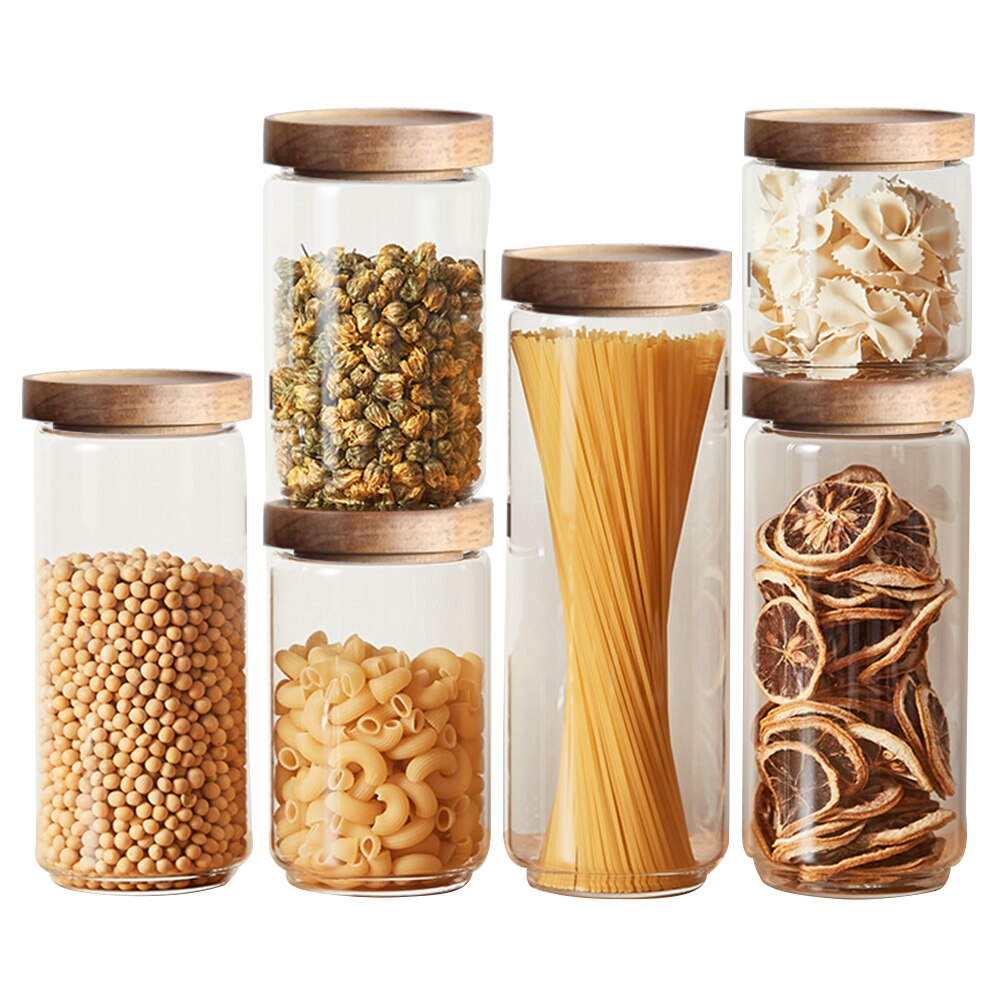 350-1700ml Clear Glass Airtight Storage Jars with Wood Lid Pasta Food Container Sealed Cans Empty Canister Bottles for Kitchen