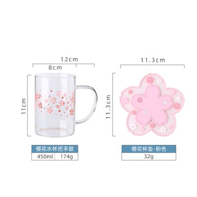 Tasse transparente à fleurs de cerisier, rose, café au lait, verre Sakura résistant à la chaleur, sous-verre Kawaii: F