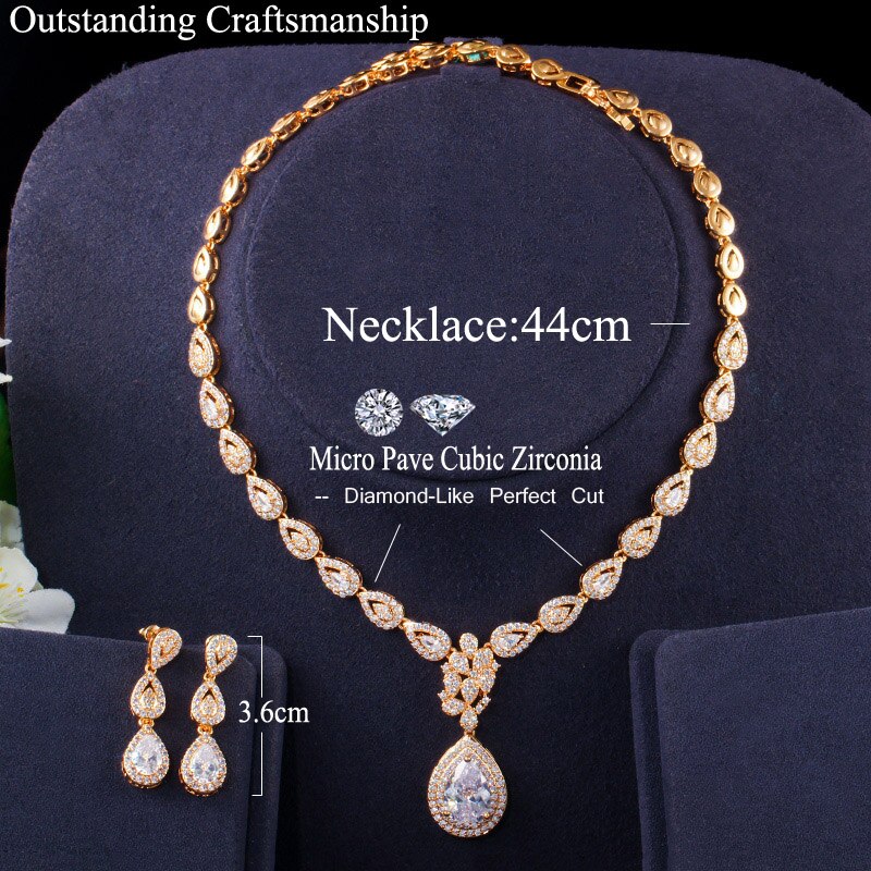 CWWZircons, preciosa circonita cúbica de gota de agua 585, collar y pendientes de oro para mujer para de boda, conjunto de joyería de lujo para novia T405