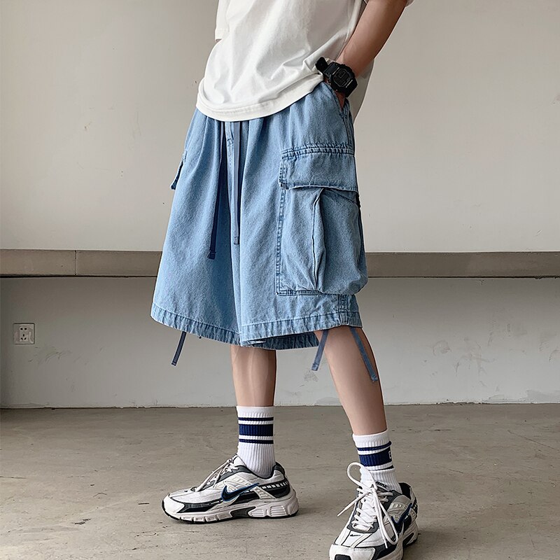 Iidossan effen denim shorts heren zakken regular fit oversized korte jeans heren casual shorts denim hiphop broek: Blauw / Ik