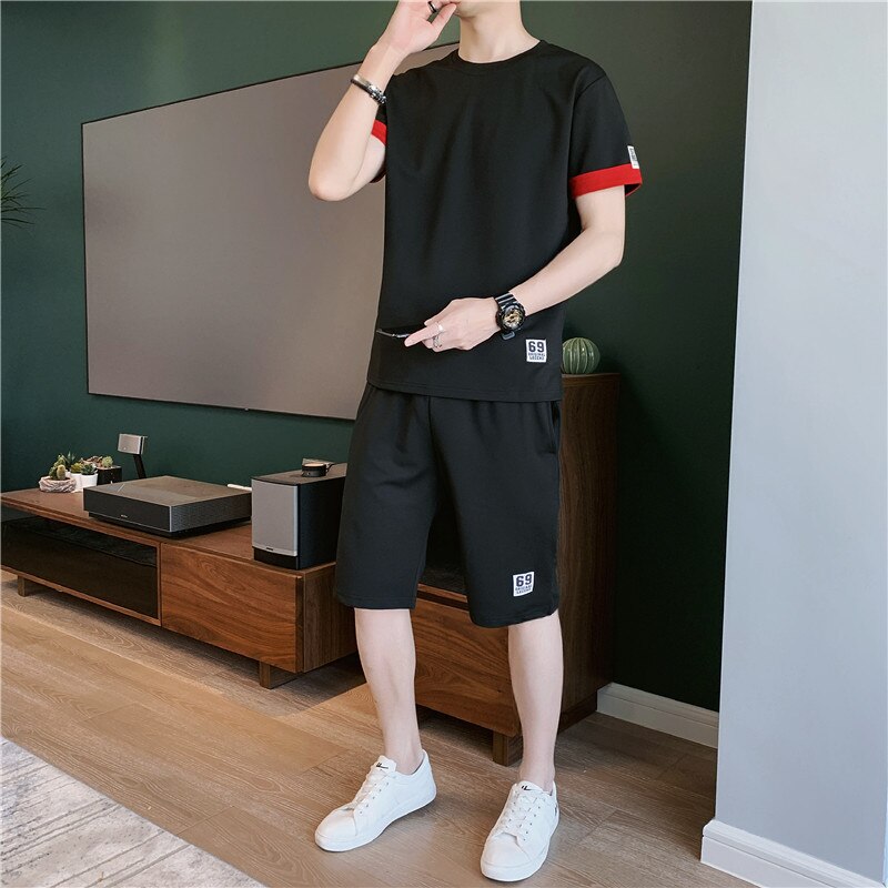 Casual masculino manga curta terno verão moda respirável solto terno de esportes ao ar livre correndo de fitness terno de duas peças: Black / M