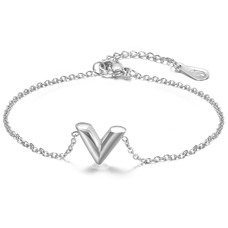 Joyería de , pulseras de acero inoxidable con letra V para mujer, brazalete con inicial ajustable, pulseras de cadena de de boda al por mayor: Color acero