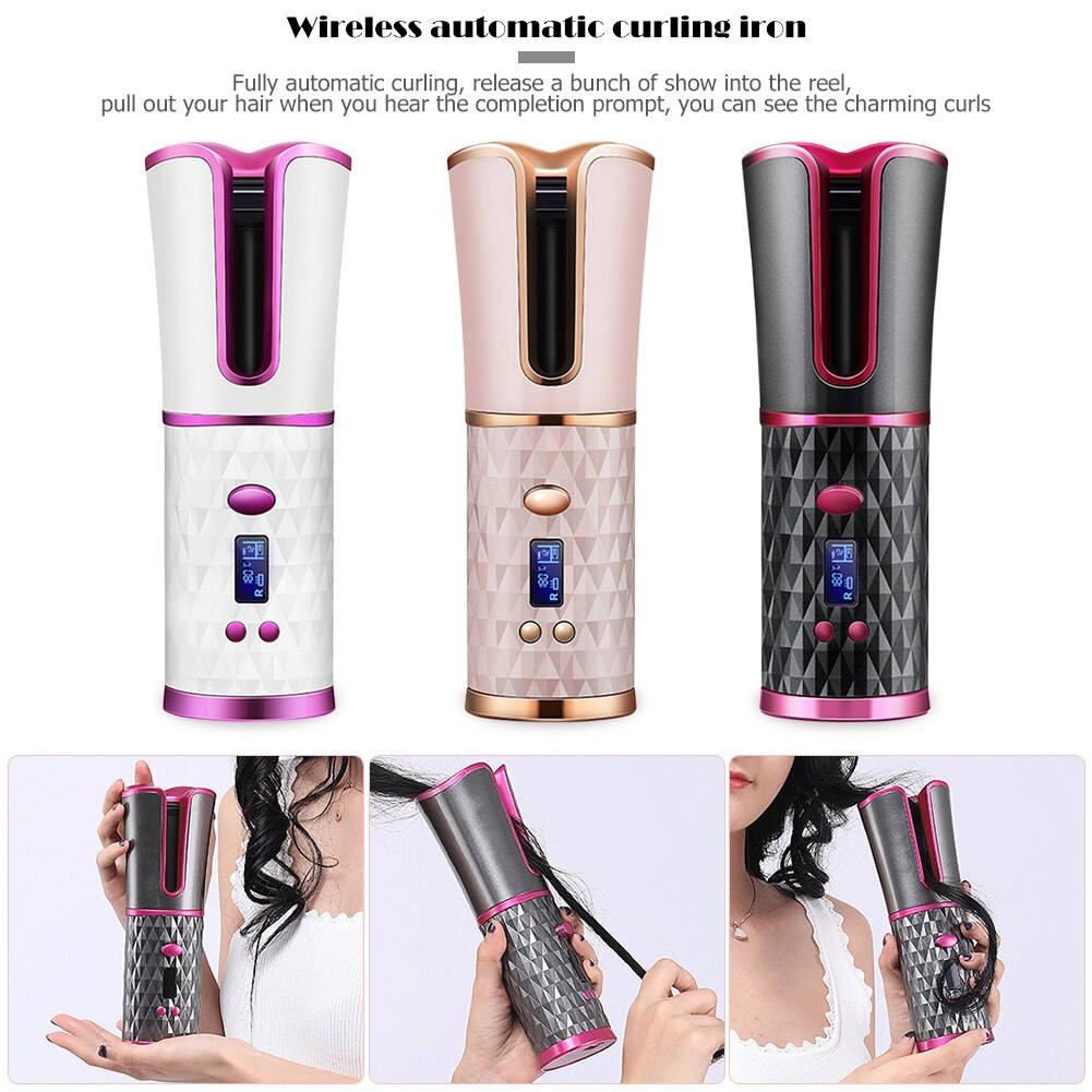 USB Rechargeable LED Display Curling Styler Cordless Auto Rotating Hair Curler Dryer Curly Salon DIY Hair Styling Tool
