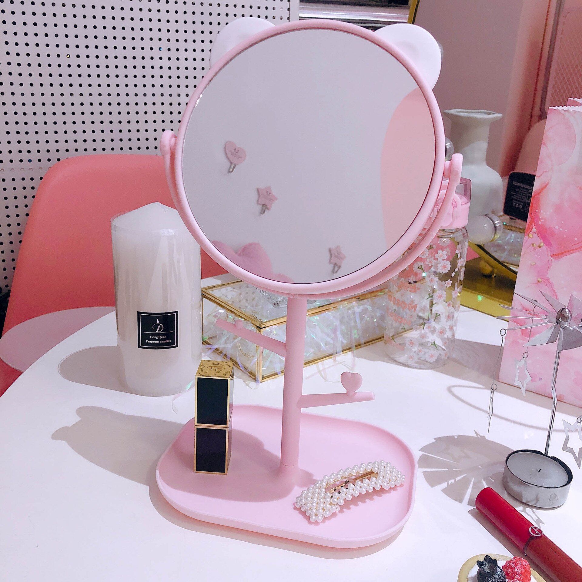 W&g beauty folde makeup spejl damer kawaii makeup makeup spejl desktop roterende spejl kat ører form kosmetiske spejle: Pink firkantet bund