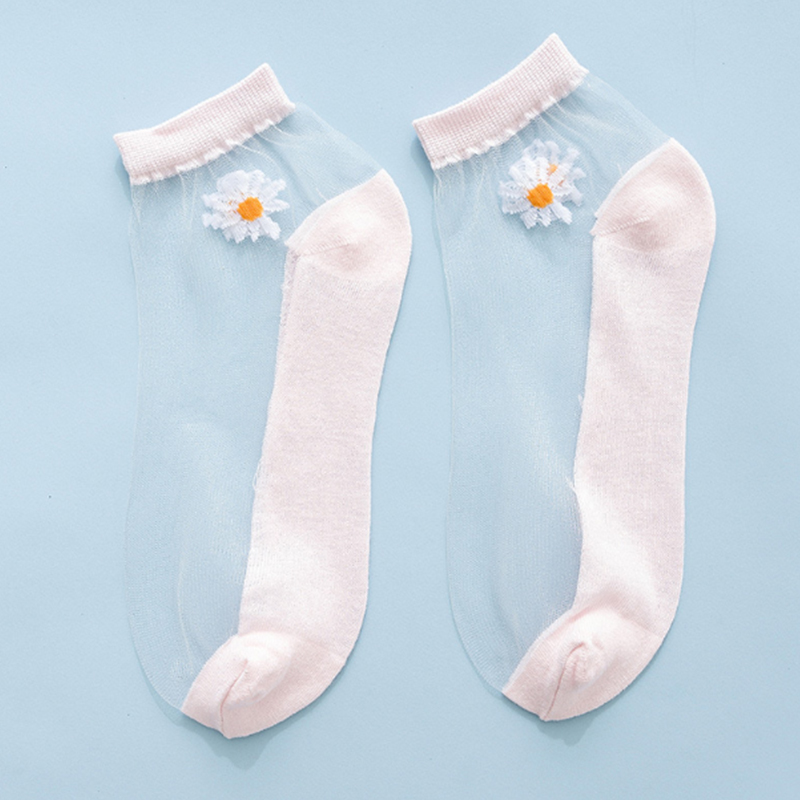 Women Summer Ultrathin Ankle Socks Transparent Daisy Embroidery Lace Silk Elastic Socks Cute Girls Short Socks