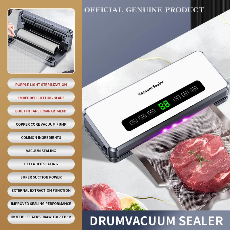 Electric Food Vacuum Sealer Dry/Wet Food Packaging Seal Built in Cutter Roll Bag Kitchen Food Storage Seal Vacuum Packaging