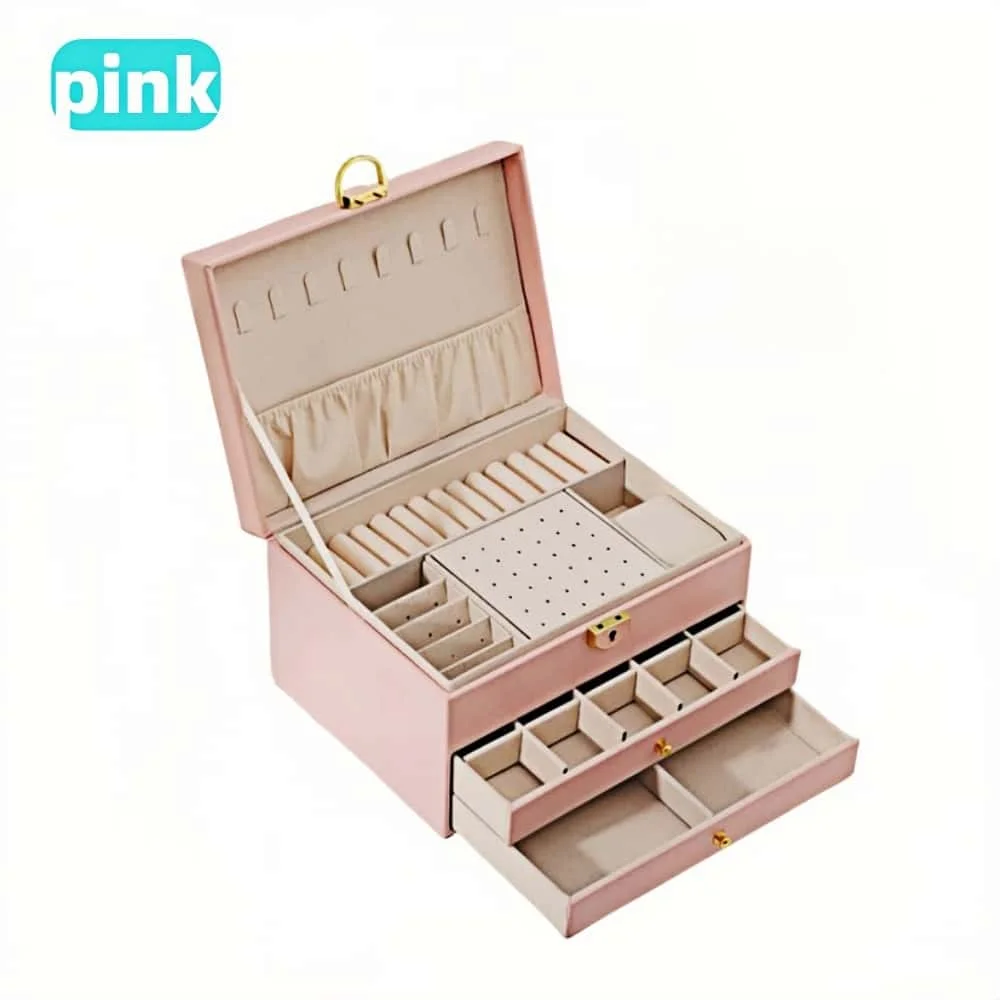Schmuck-Aufbewahrungsbox, abschließbar – 3-lagige große Schublade für Ohrringe, Ringe, Halsketten-Organizer – modische Reise-Schmuck-Aufbewahrungsbox: Rosa