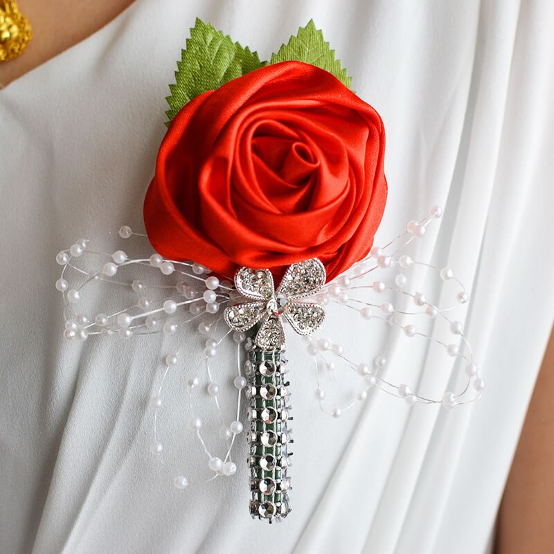 Kyunovia bröllop bal corsage konstgjord blomma brosch bröllop boutonniere brudgum brudtärna groomsmen blommor boutonniere  fe21: Röd