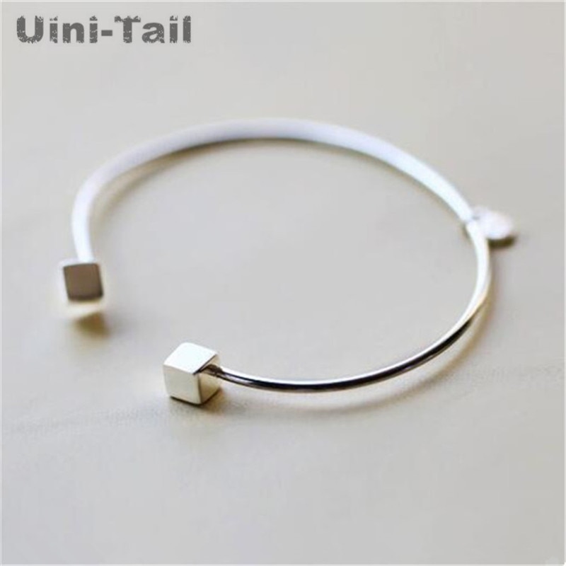 Uini-Tail 925 Sterling Silver Korean Glossy heart Sugar Cube Open Bracelet Lettering Tag Bracelet