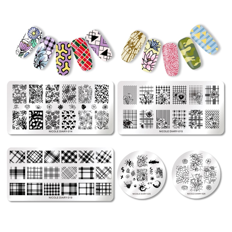 NICOLE DAGBOEK Nail Stempelen Platen Rechthoek Ronde Bloem Grid Plaid Geometrische Afbeelding Print Stencil Nail Template voor Polish Gel