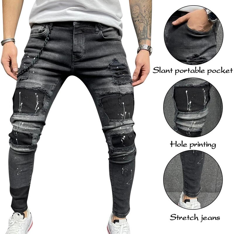 Laamei Jeans Men's Distressed Stretch Ripped Biker Jeans Men Hip Hop Slim Fit Holes Punk Denim Jeans Cotton Pants Zipper jeans