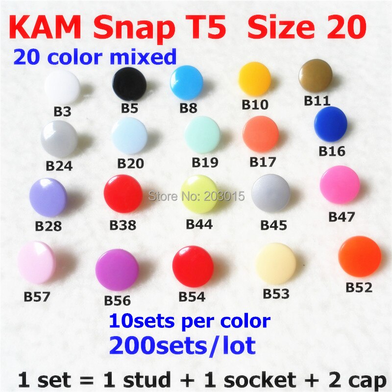 Chenkai – attaches en résine plastique T5, taille 20 KAM, boutons à pression pour vêtements de bricolage, couture artisanat tissu couche-culotte (20 couleurs), 200 ensembles