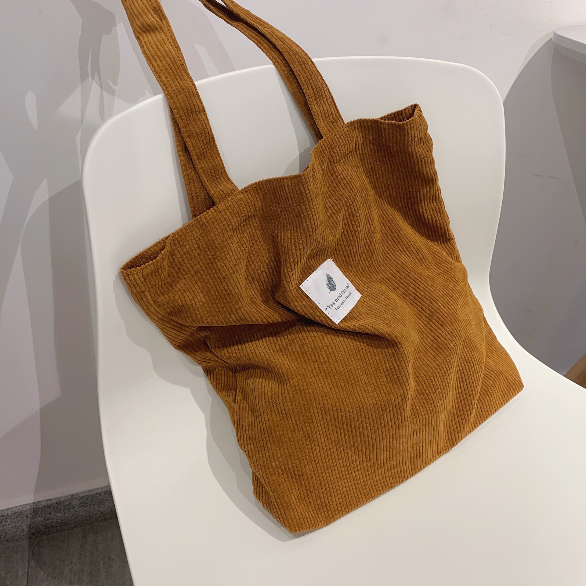 Bolso de compras de lona para mujer, bolsa de mano de pana, almacenamiento ambiental, plegable, reutilizable, 2022: Brown