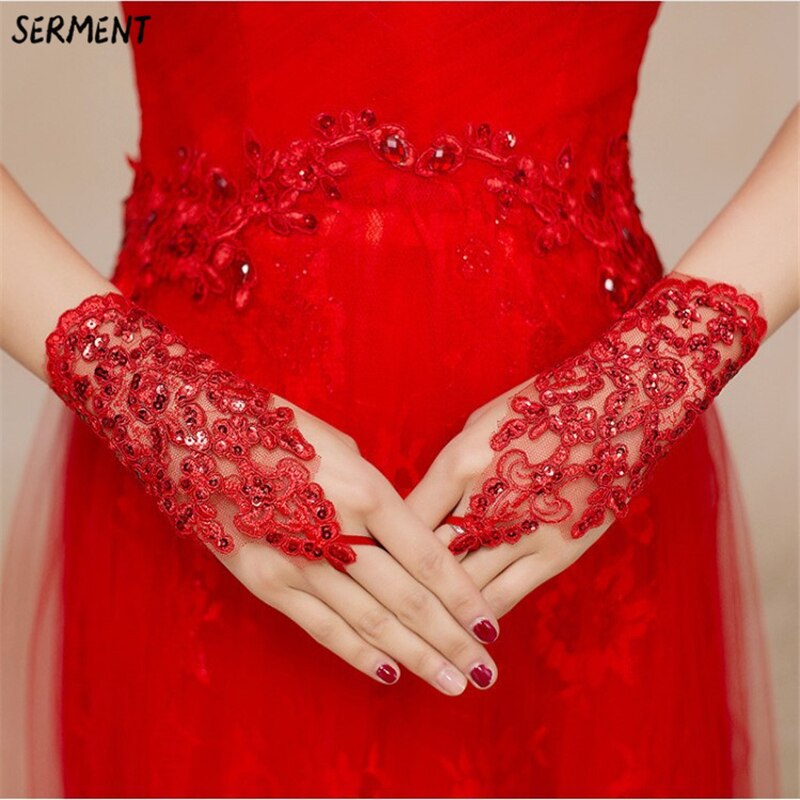 Gants De mariée courts, en dentelle rouge, sans doigts, accessoires De mariage, 15 pièces: 2