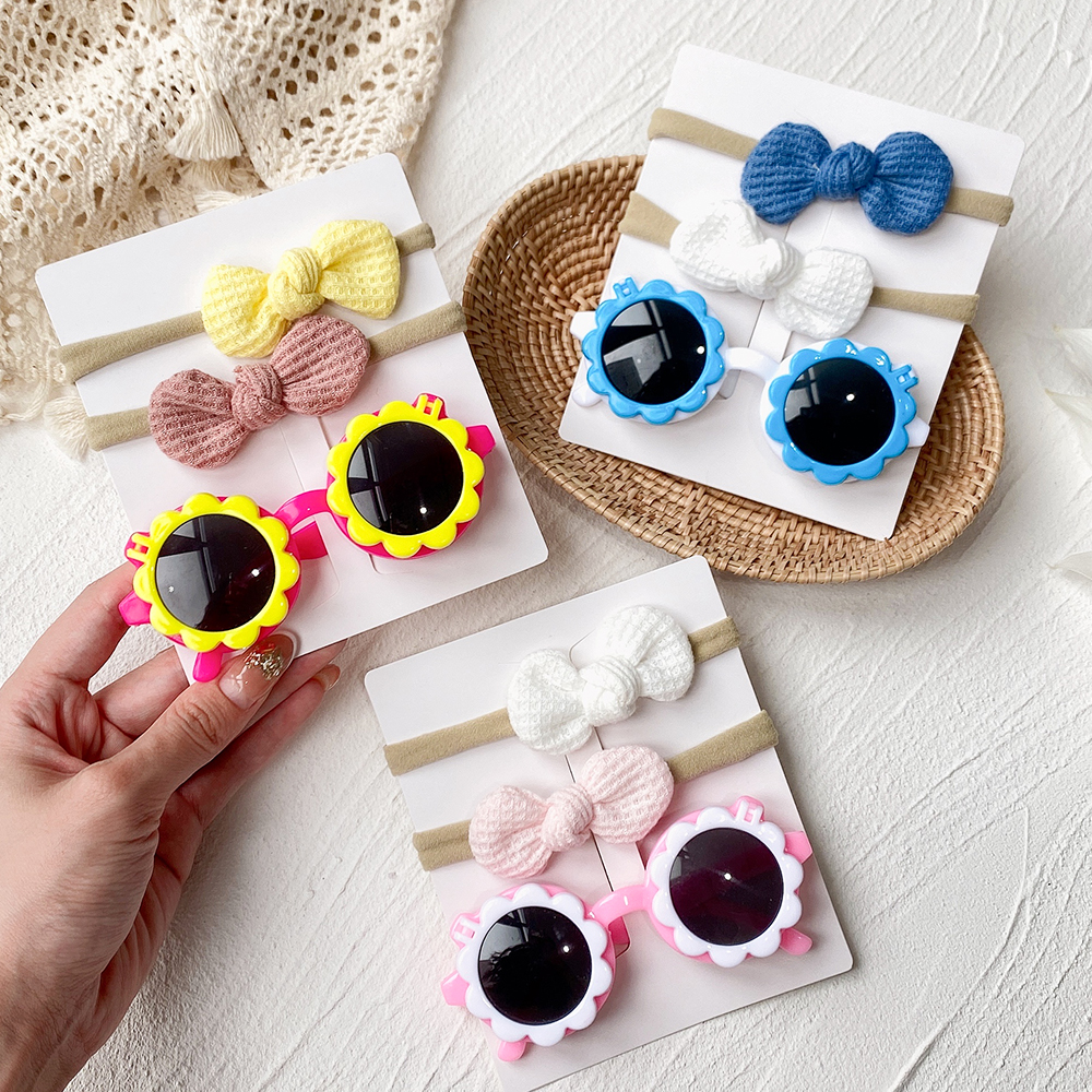 Conjunto de 2/3 uds. De lazos para bebé, diadema de dibujos animados, gafas de sol, accesorios de fotografía de playa para niñas, cintas para el pelo para niños pequeños, accesorios para el cabello para niños