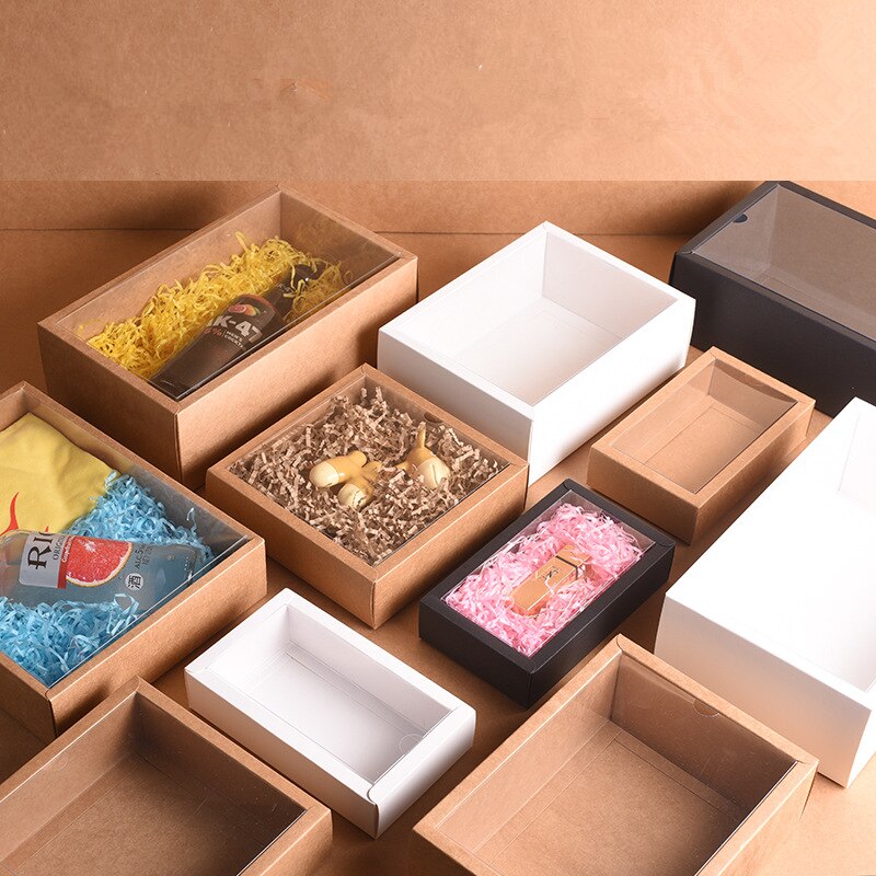 10pcs Folding Kraft Paper Box with Transparent PVC Window Box Packaging Box candy favors arts&krafts display package box