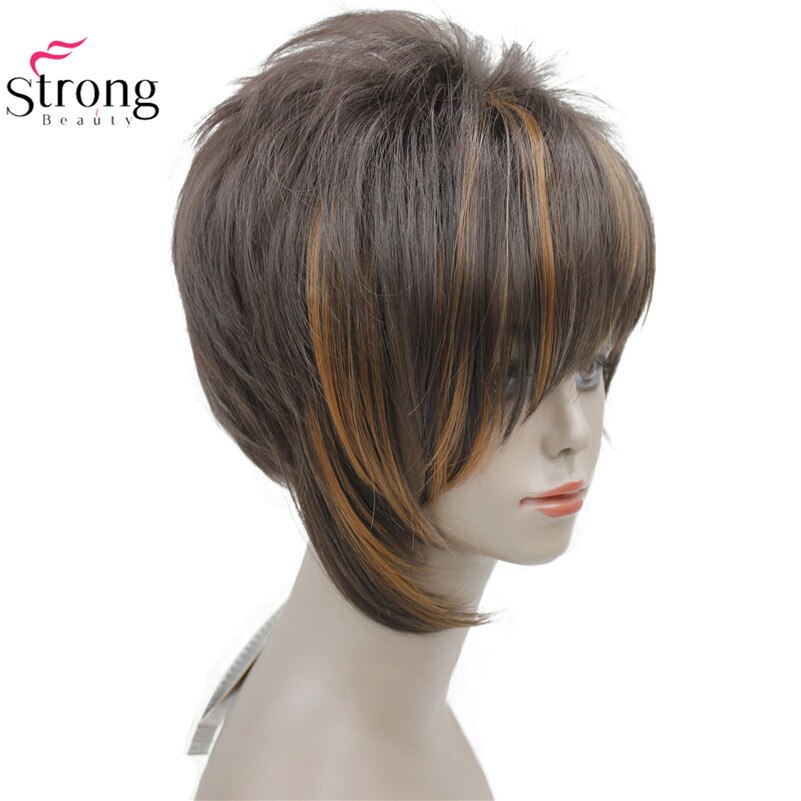 StrongBeauty Light Auburn with Highlights Inclined Bangs Short Straight Synthetic Hair Wig For Girl: 6-F27