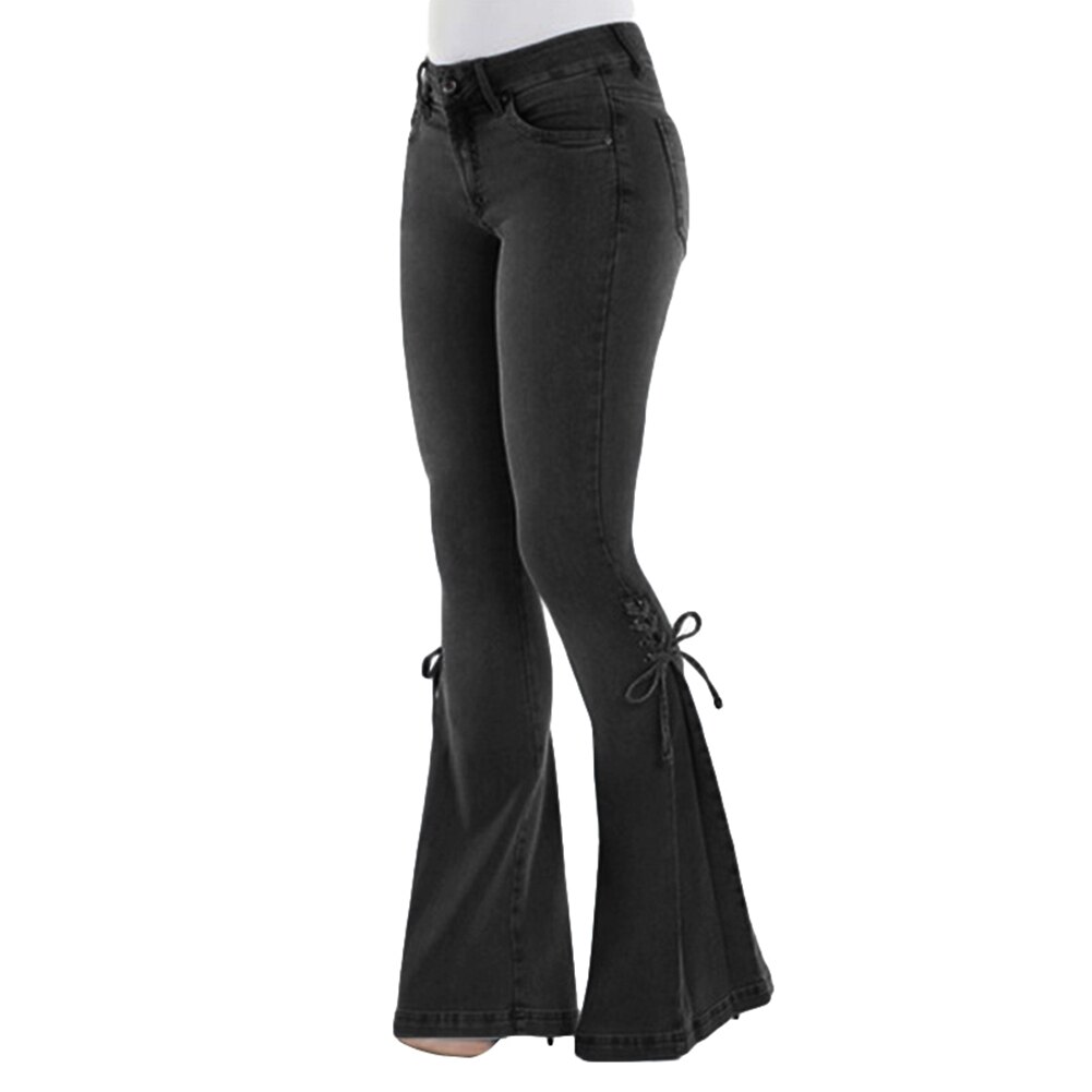 Grande taille Denim pantalon femmes Vintage Flare jean à lacets noeud maigre jambe large Denim pantalon Flare jean à lacets nœud jean moulant: Black / XXXXL