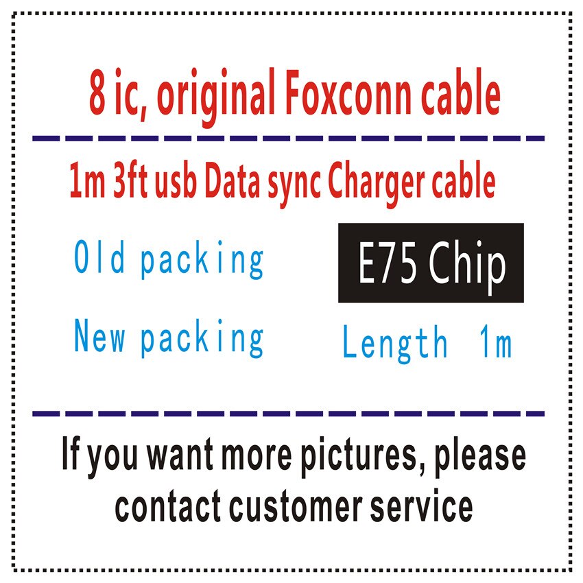 10 Stks/partij Originele 8ic 1M/3FT 2M/6FT E75 Chip Usb Datakabel Oplader Voor 5 5S 6 6S 7 7Plus 8 8pl X Met Doos