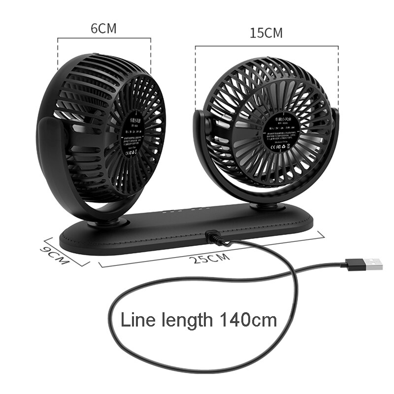Ventilador portátil para coche de 12/24V, dispositivo de ventilación giratorio ajustable de 360 grados, refrigeración por aire, doble cabezal, silencioso, USB, de escritorio