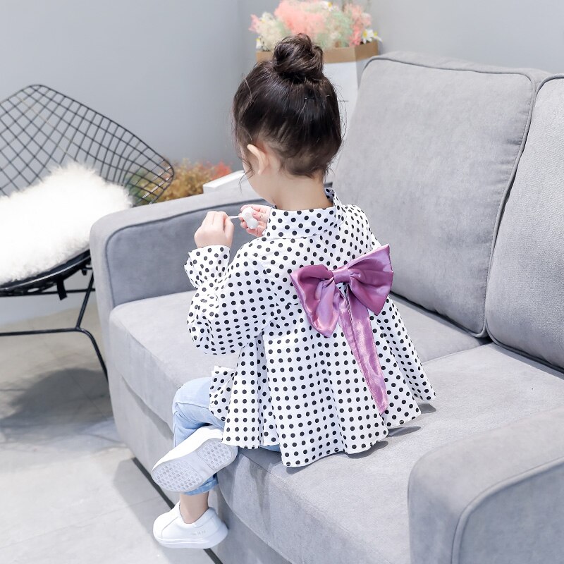 Blusa de manga larga con estampado de puntos para niñas de primavera, camisetas con lazo para niñas de chico y bebé, camisetas para niños de otoño, dulce camisa suelta, ropa A08