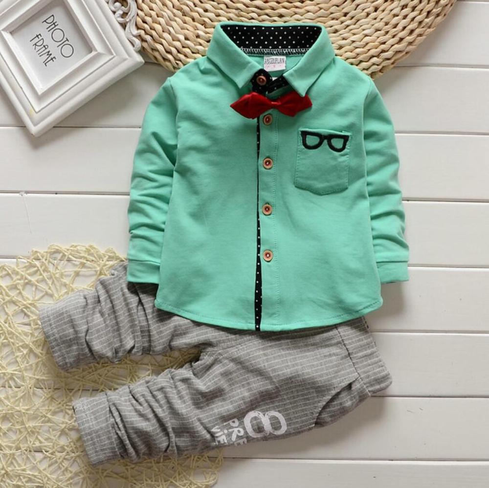 Korean newborn Baby Boy Clothing Sets children Bow tie shirts glasses Top+ pants kids cotton cardigan two piece suit: Green / 12M