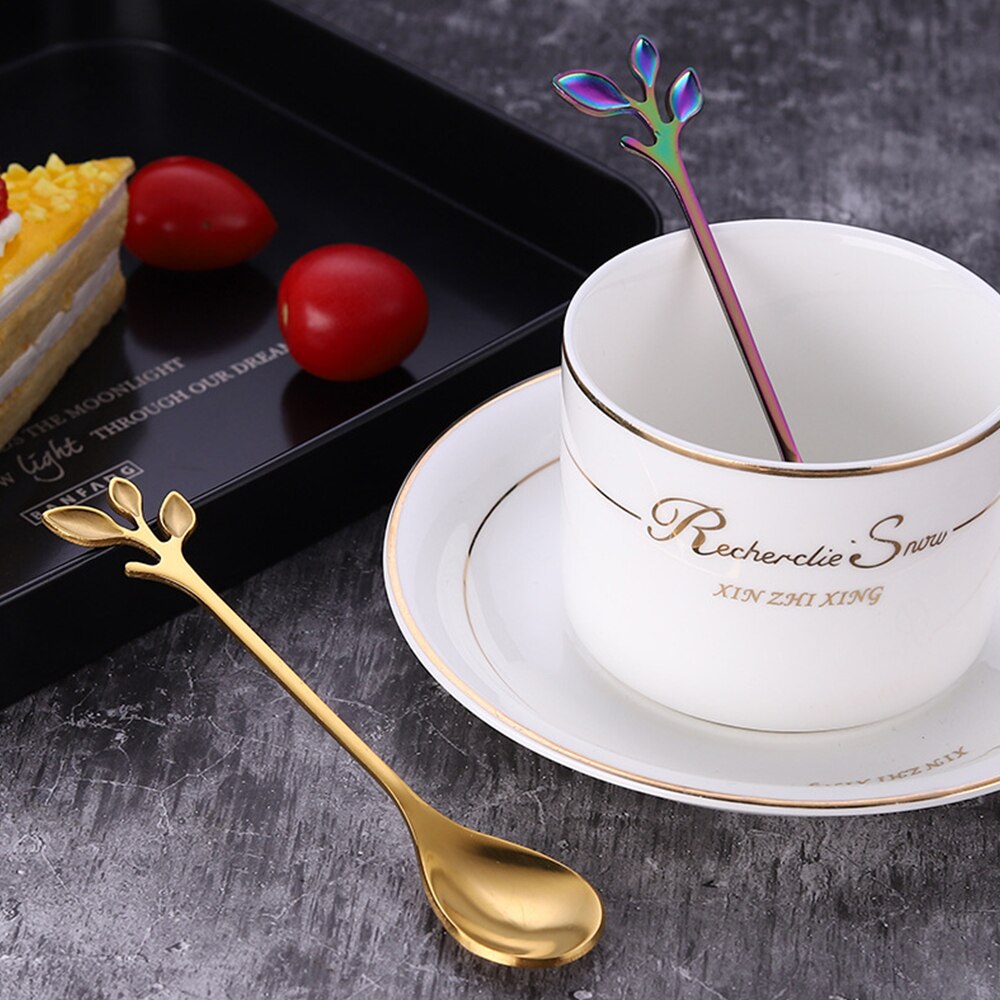 Coffee Stirring Spoon Stainless Steel Branch Leaves Handle Teaspoon Dessert Scoop Fork Kitchen Tableware Christmas