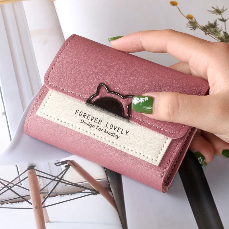 Cartera pequeña con orejas de gato para mujer, minibilletera bonita con único, monedero pequeño con hebilla de Metal contrastante, monedero portátil,: Azul