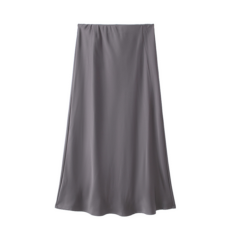 Willshela, falda Midi plisada lisa de satén a la para mujer, faldas elegantes Vintage con cintura media elástica para mujer: L / Gris