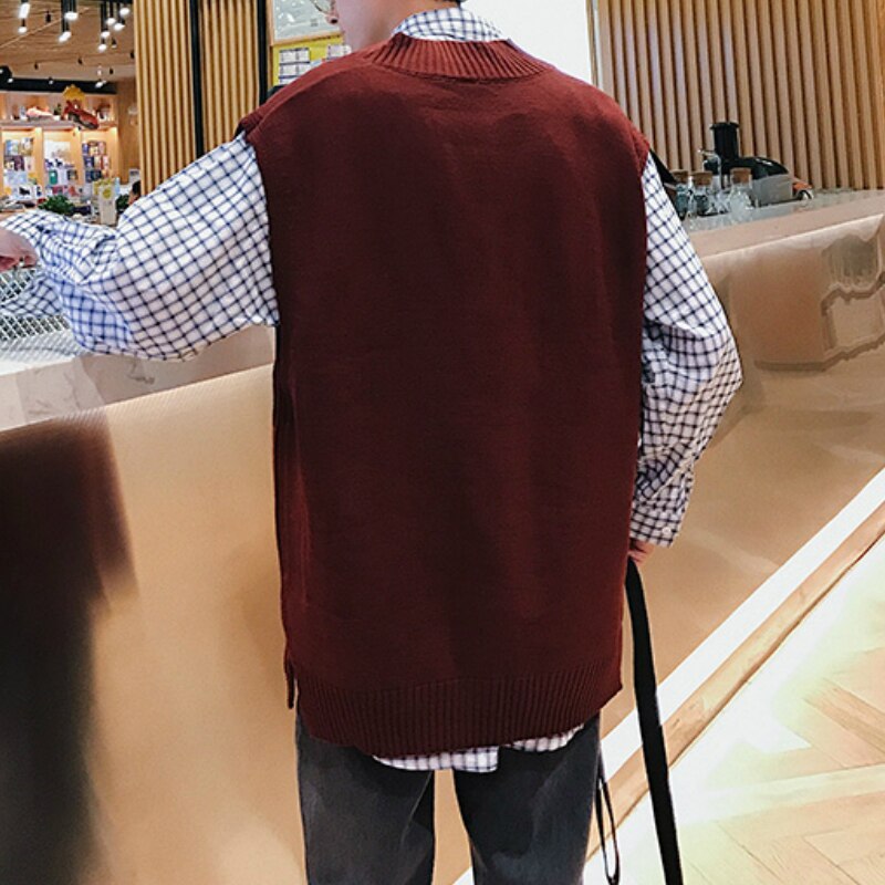 Sweater Vest Men V-neck Sleeveless Solid Simple All-match Leisure Mens Knitted Vests 2XL Oversize Chic Preppy Style Daily