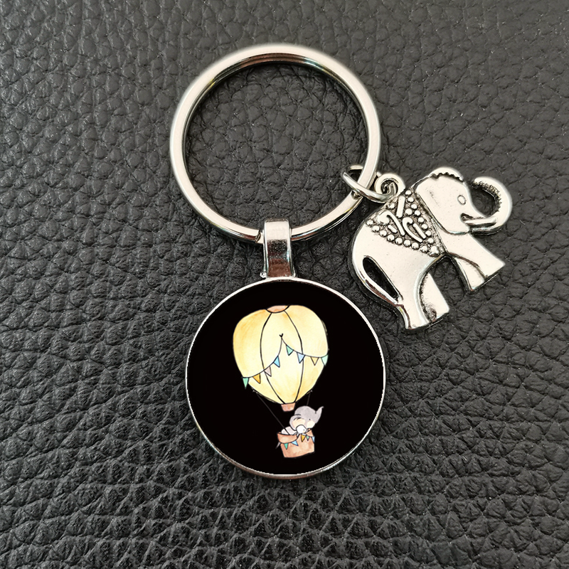 , llavero redondo convexo de cristal con de elefante y elefante bebé hecho a mano, llavero de coche, accesorios de boutique