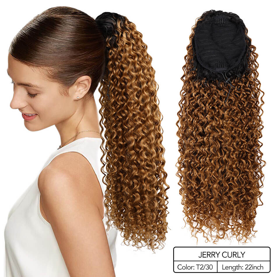Beauty On Line Jerry Curly Clip in Ponytail Extension 22 Inches Synthetic Drawstring Curly Hair Piece Black Brown Ombre Color: T2-30