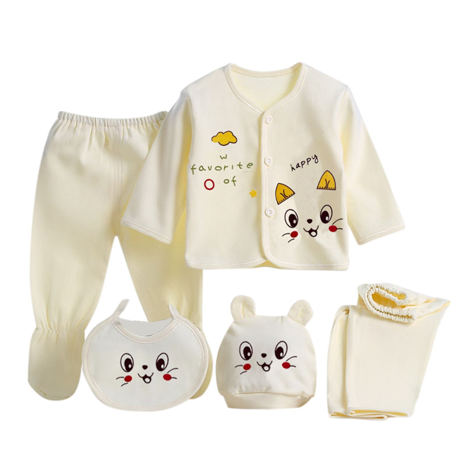 5Pcs Peuter Baby Slppwear Sets Pasgeboren Jongens Meisjes Cartoon Lange Mouwen Tops + Hoed + Broek + Bib Outfits set Zuigelingen Kleding Nachtkleding: YELLOW