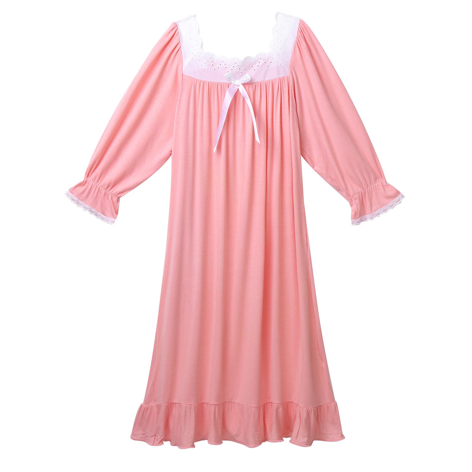 Barn flickor sovklänning prinsess nattlinne nattkläder pyjamas fyrkantig hals långärmad bomull spets volang nattrock: Rosa / 150