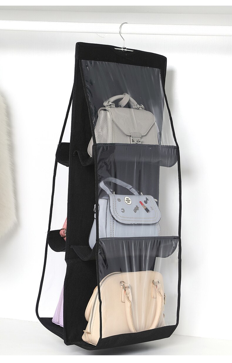 Dobbelt sider hængende opbevaringspose garderobe skab bøjle håndtaske holder arrangør til taske tøj sko: Sort