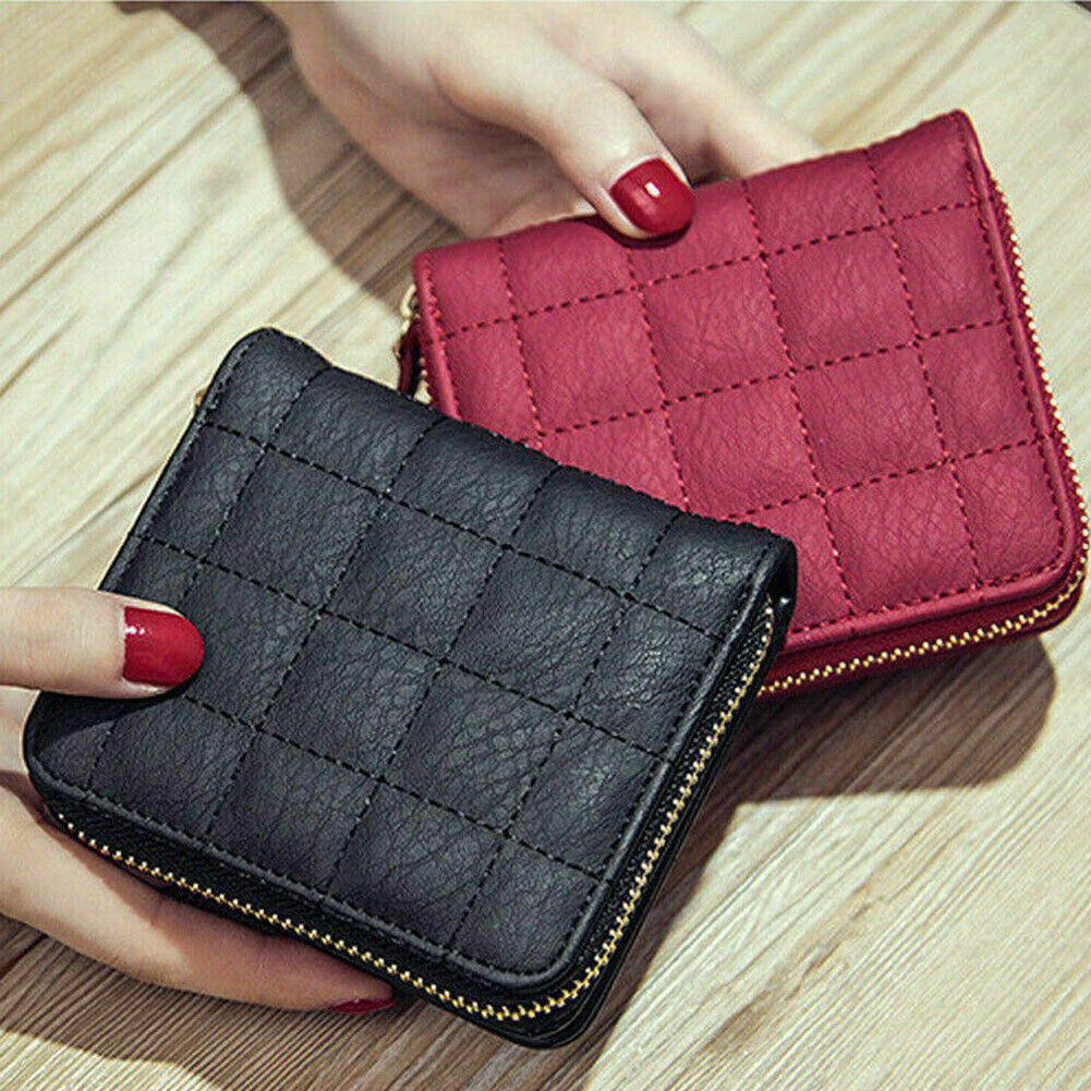 Vrouwen Dames Solid Folding Wallet Leather Zip Plaid Portemonnee Clutch Kleine Mini Kaarthouder Vrouwelijke Tas