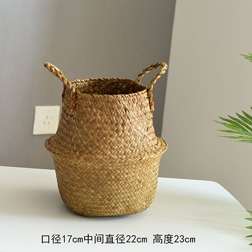 Nordisk opbevaringskurv rattan urtepotte flettang vævning blomsterkurv kunsthåndværk dekoration moderne hjem grøn plante potte: D-small