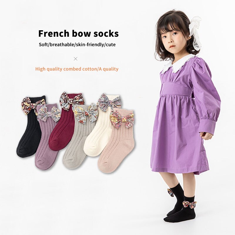 Flower Printed Kids Socks Cute Bows Spring Autumn Baby Girl Short Socks Soft Cotton Children Toddler Floor Socks